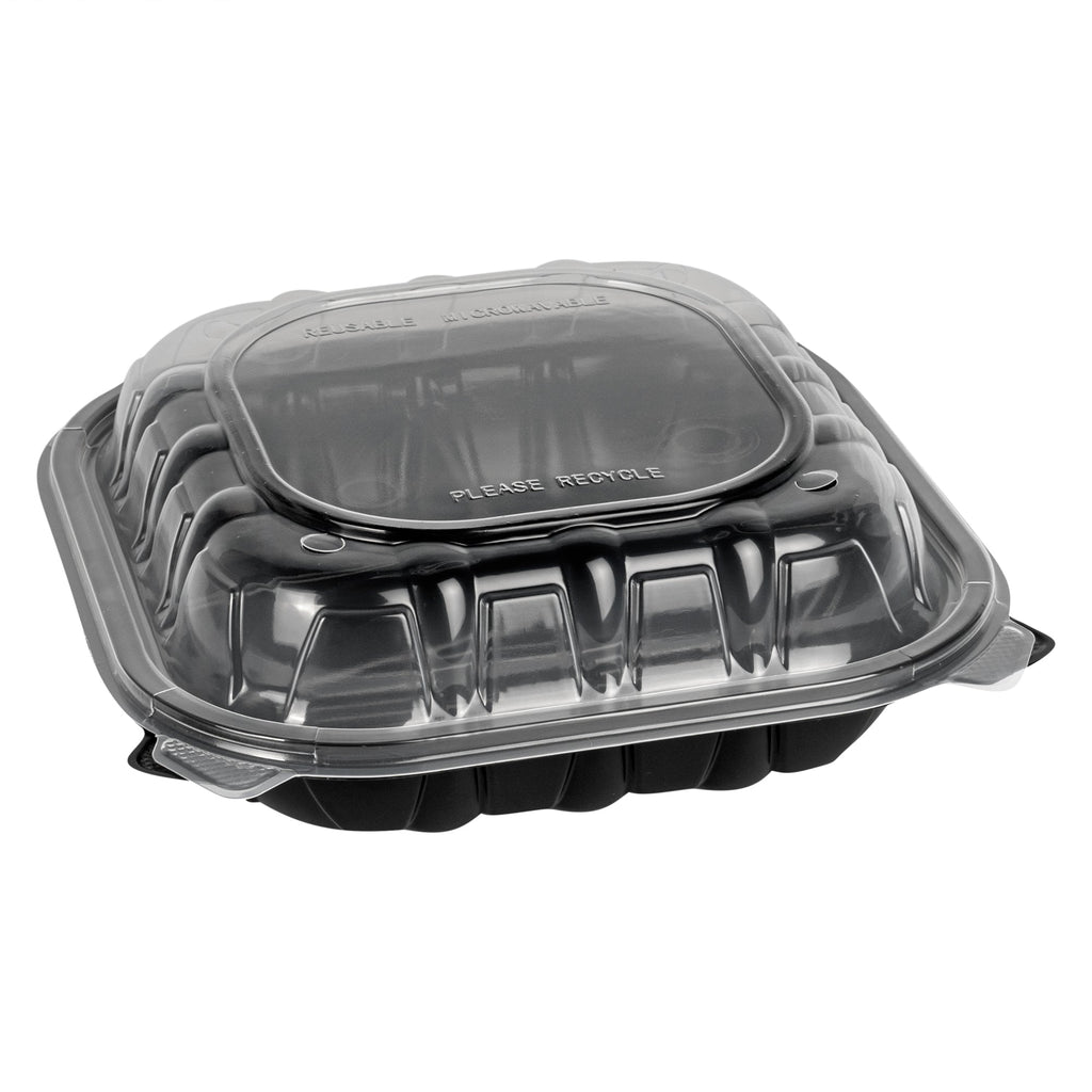 Thermo Tek 40 oz Black Plastic Clamshell Container - 3 Compartments, Microwavable - 9" x 9" x 3" - 50 count box