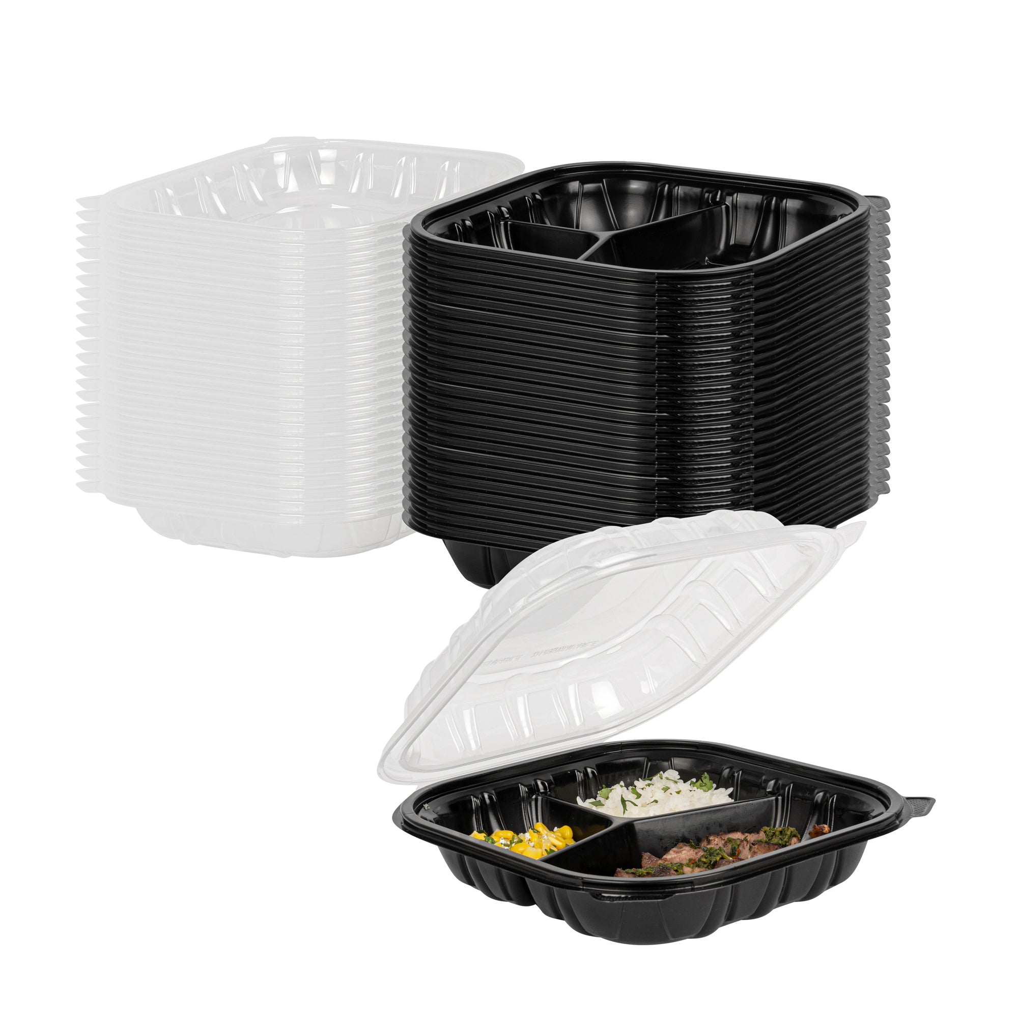 Thermo Tek 40 oz Black Plastic Clamshell Container - 3 Compartments, Microwavable - 9" x 9" x 3" - 50 count box