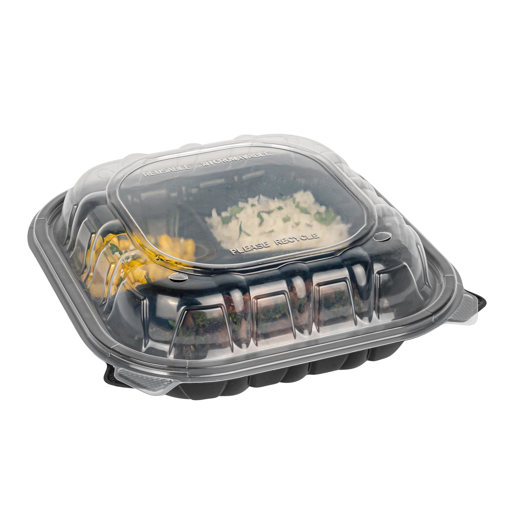 Thermo Tek 40 oz Black Plastic Clamshell Container - 3 Compartments, Microwavable - 9" x 9" x 3" - 50 count box