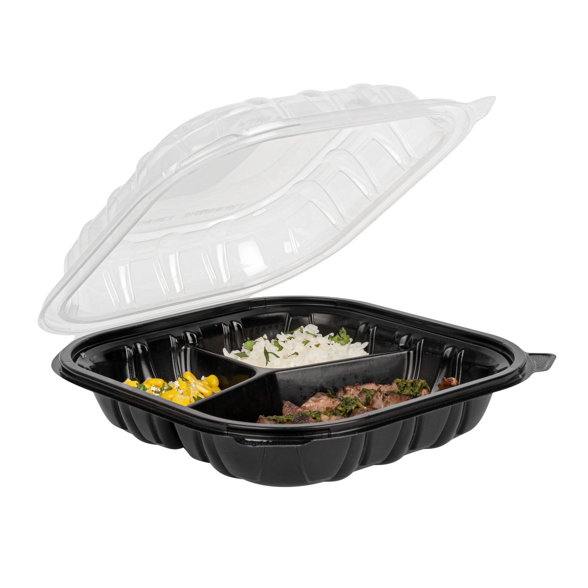 Thermo Tek 40 oz Black Plastic Clamshell Container - 3 Compartments, Microwavable - 9" x 9" x 3" - 50 count box