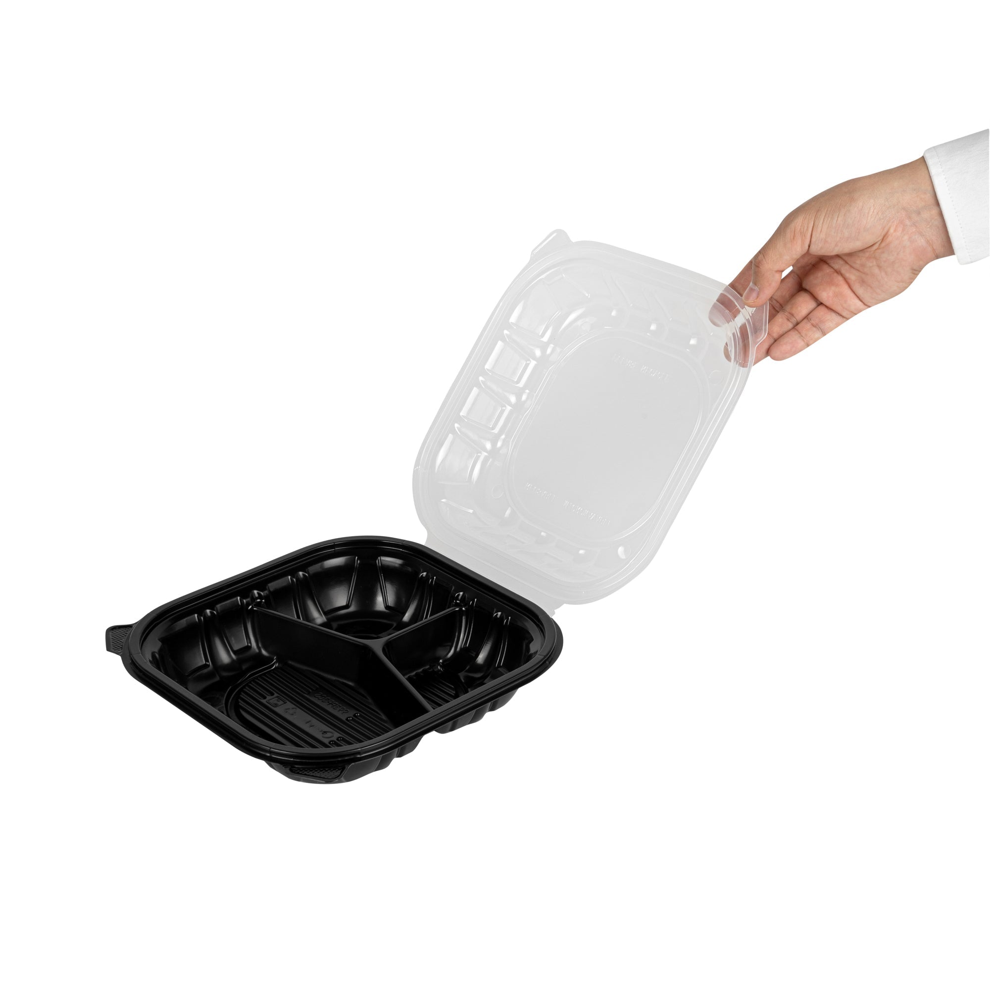 Thermo Tek 40 oz Black Plastic Clamshell Container - 3 Compartments, Microwavable - 9" x 9" x 3" - 50 count box