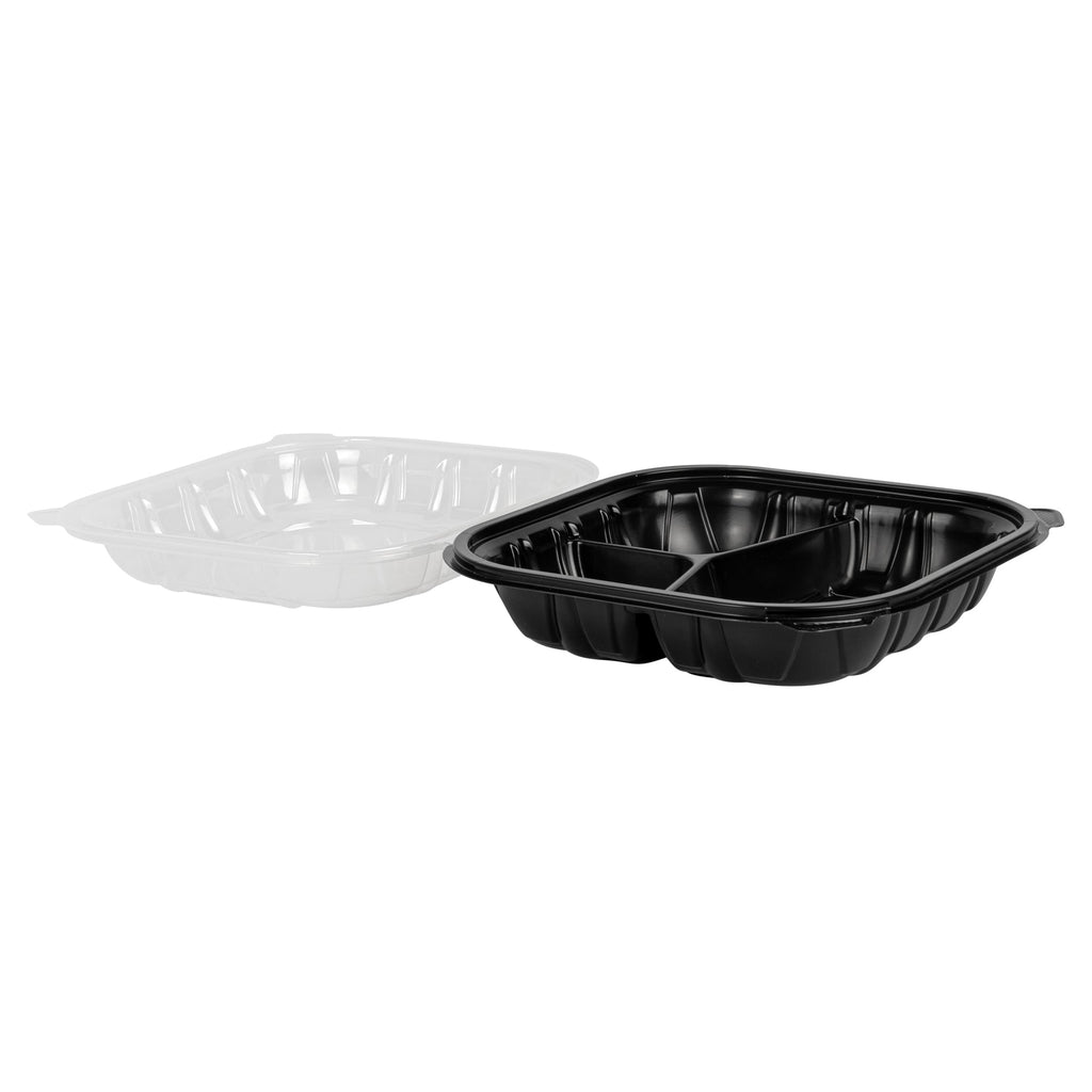 Thermo Tek 40 oz Black Plastic Clamshell Container - 3 Compartments, Microwavable - 9" x 9" x 3" - 50 count box