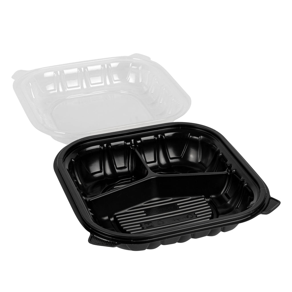 Thermo Tek 40 oz Black Plastic Clamshell Container - 3 Compartments, Microwavable - 9" x 9" x 3" - 50 count box