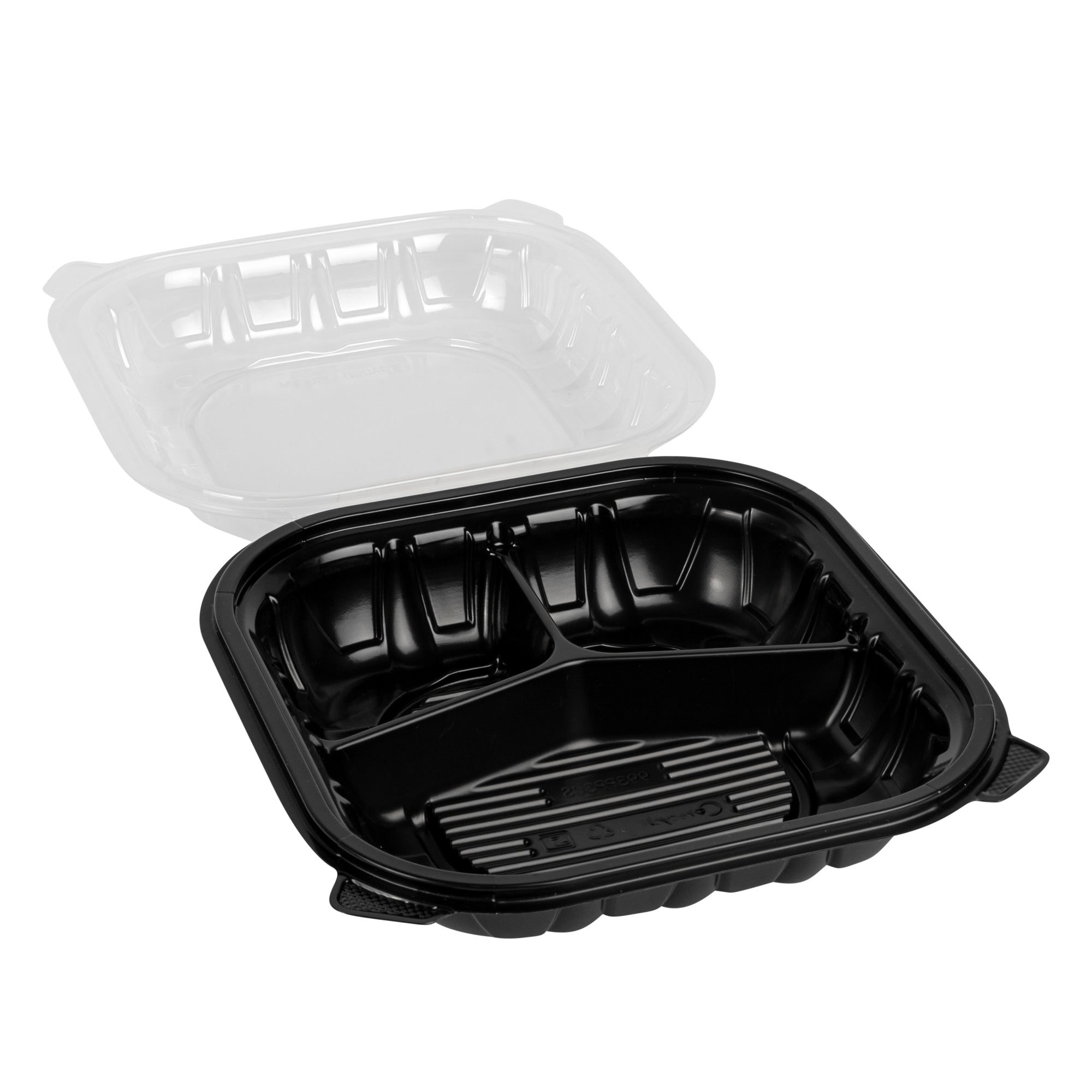 Thermo Tek 40 oz Black Plastic Clamshell Container - 3 Compartments, Microwavable - 9" x 9" x 3" - 50 count box