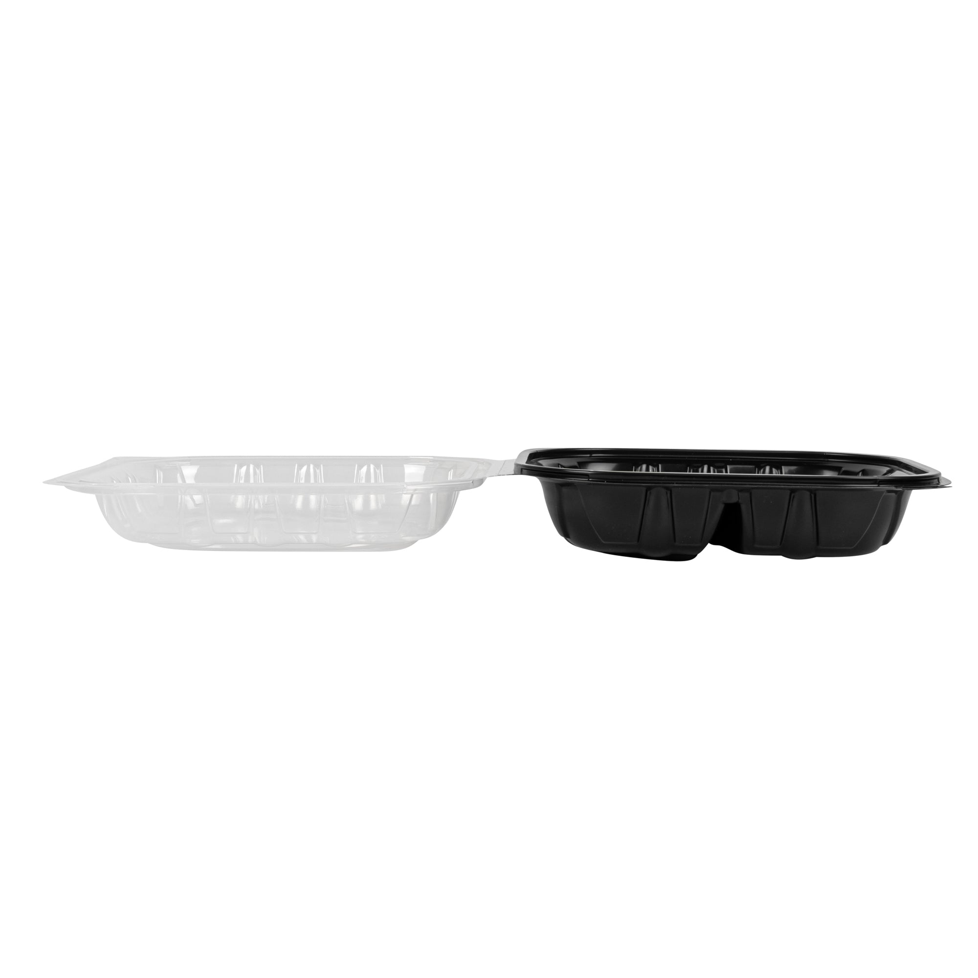 Thermo Tek 40 oz Black Plastic Clamshell Container - 3 Compartments, Microwavable - 9" x 9" x 3" - 50 count box