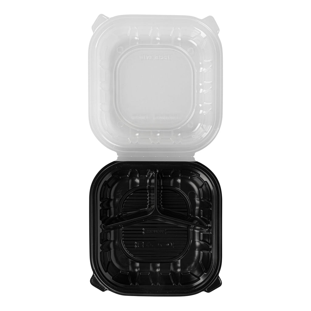 Thermo Tek 40 oz Black Plastic Clamshell Container - 3 Compartments, Microwavable - 9" x 9" x 3" - 50 count box