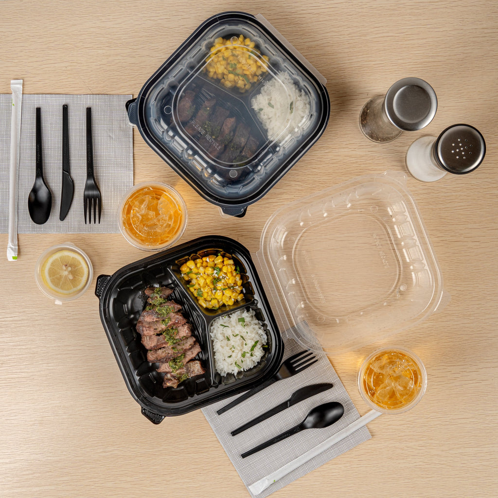 Thermo Tek 40 oz Black Plastic Clamshell Container - 3 Compartments, Microwavable - 9" x 9" x 3" - 50 count box