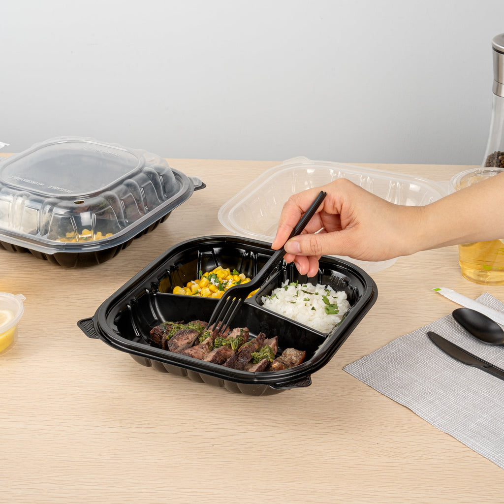 Thermo Tek 40 oz Black Plastic Clamshell Container - 3 Compartments, Microwavable - 9" x 9" x 3" - 50 count box