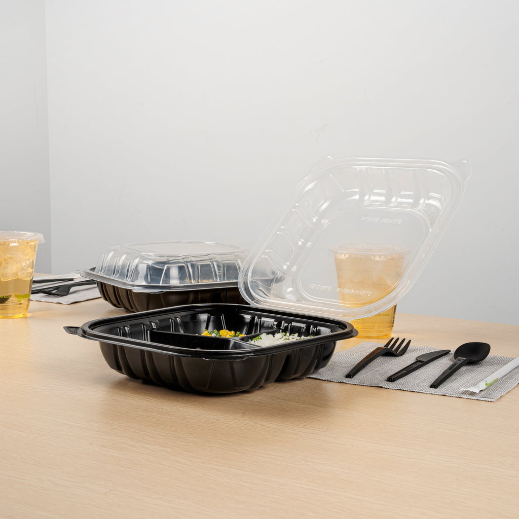 Thermo Tek 40 oz Black Plastic Clamshell Container - 3 Compartments, Microwavable - 9" x 9" x 3" - 50 count box