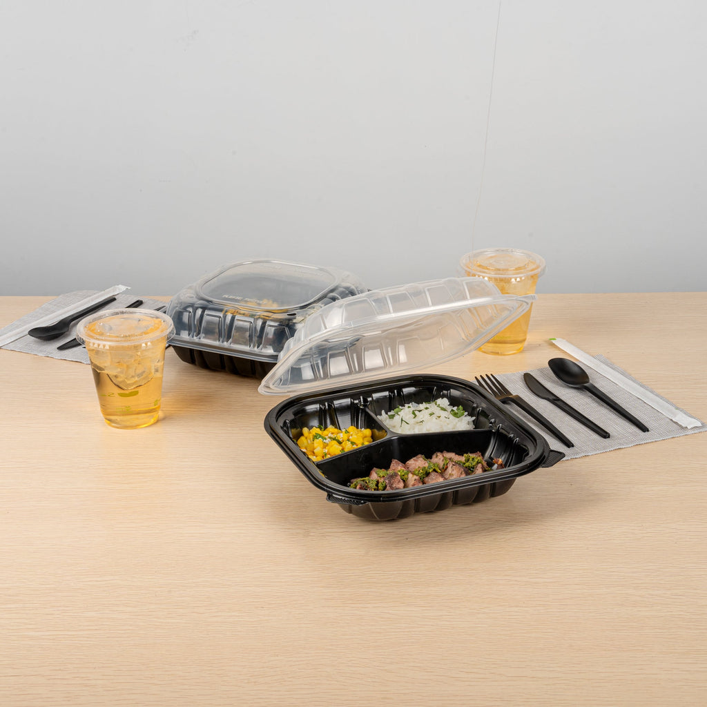 Thermo Tek 40 oz Black Plastic Clamshell Container - 3 Compartments, Microwavable - 9" x 9" x 3" - 50 count box