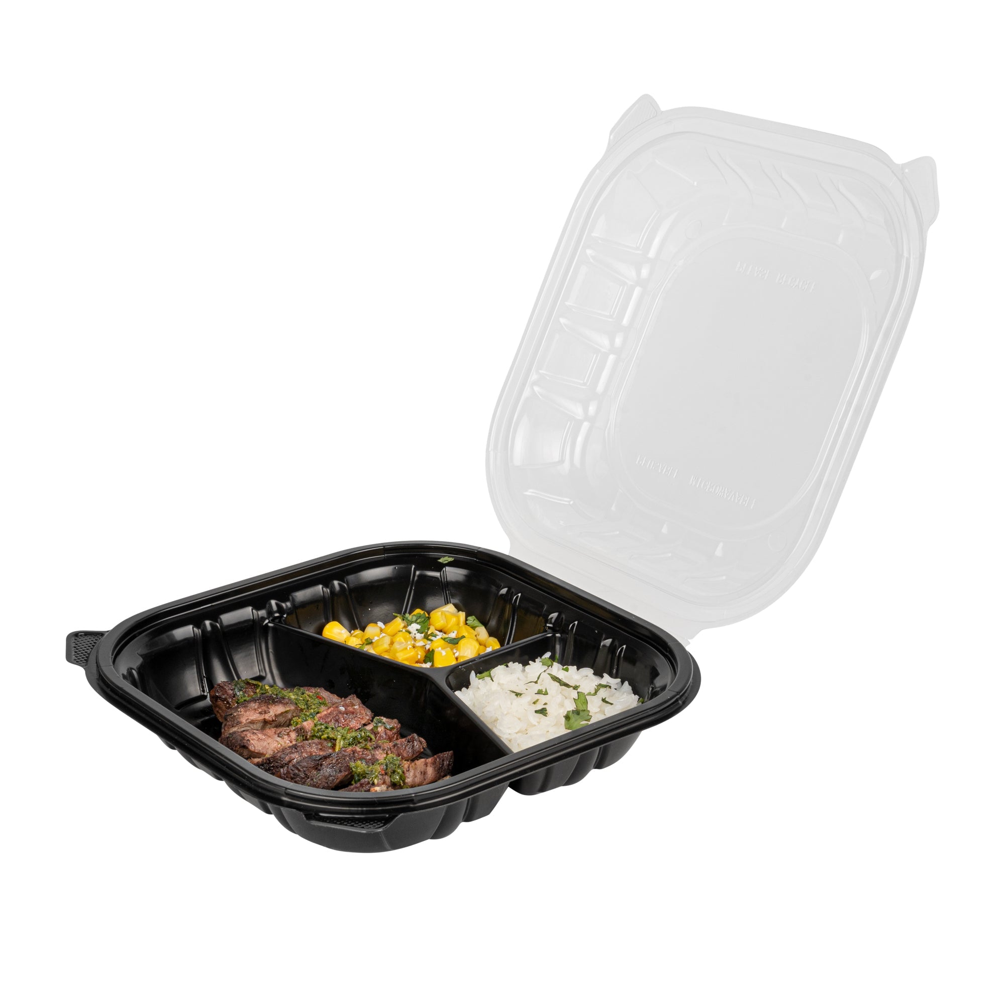 Thermo Tek 40 oz Black Plastic Clamshell Container - 3 Compartments, Microwavable - 9" x 9" x 3" - 100 count box