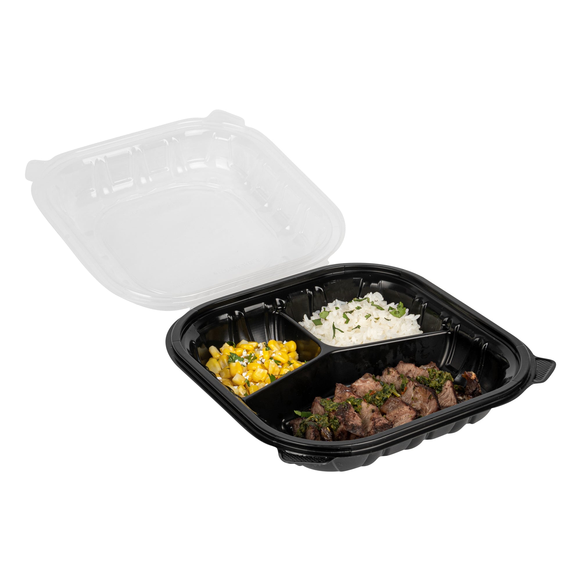 Thermo Tek 40 oz Black Plastic Clamshell Container - 3 Compartments, Microwavable - 9" x 9" x 3" - 100 count box