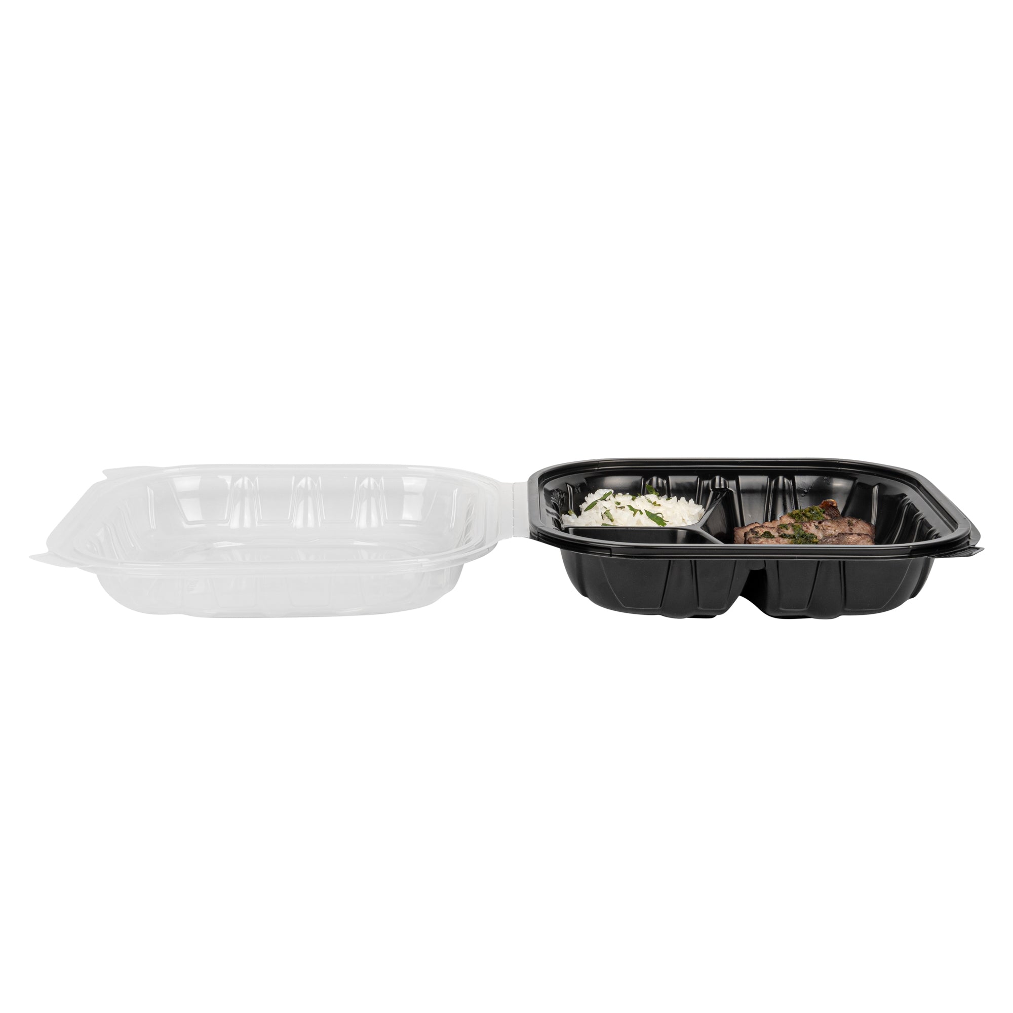 Thermo Tek 40 oz Black Plastic Clamshell Container - 3 Compartments, Microwavable - 9" x 9" x 3" - 100 count box