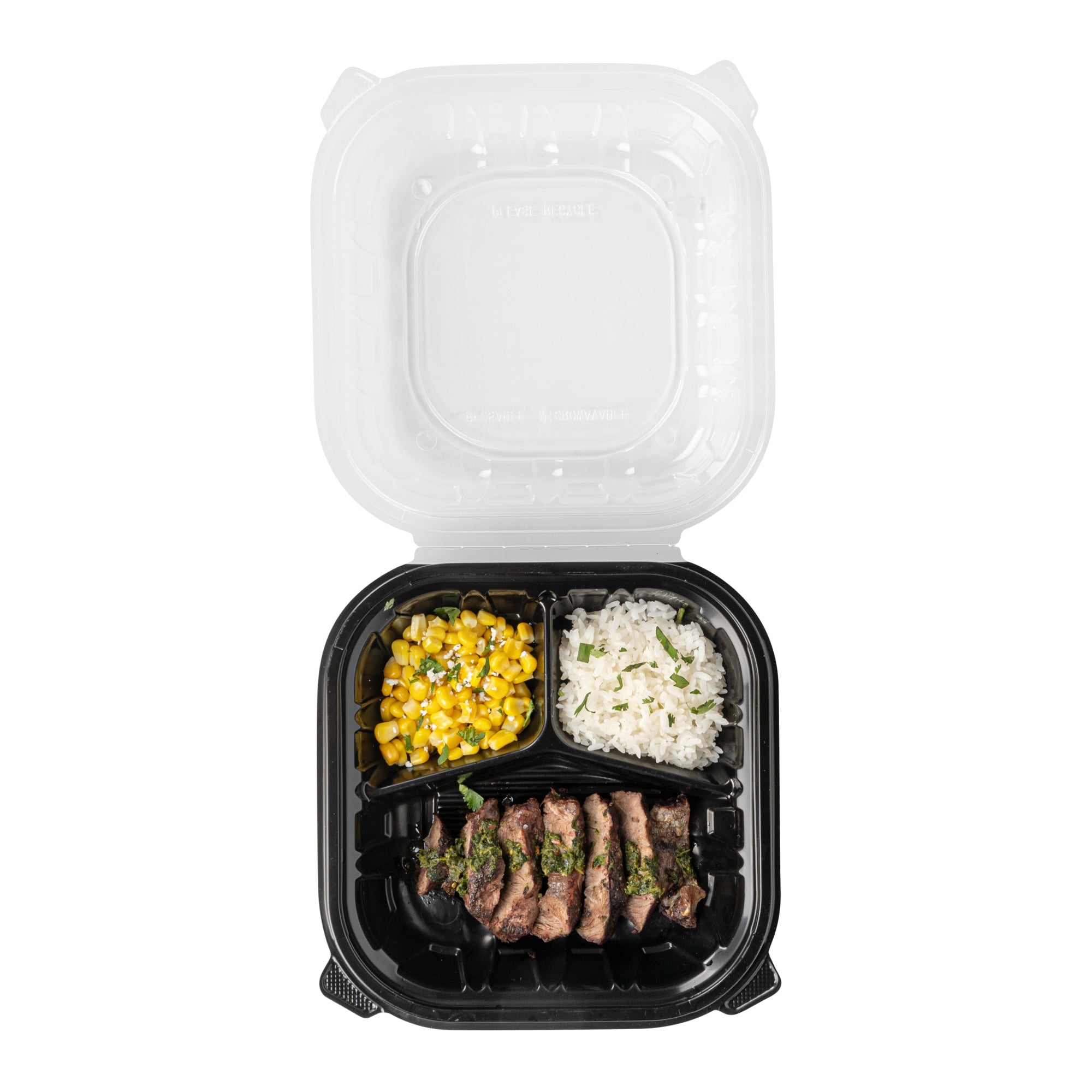 Thermo Tek 40 oz Black Plastic Clamshell Container - 3 Compartments, Microwavable - 9" x 9" x 3" - 100 count box