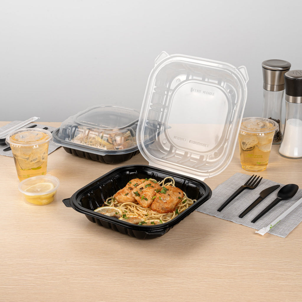 Thermo Tek 40 oz Black Plastic Clamshell Container - Microwavable - 9" x 9" x 3" - 100 count box