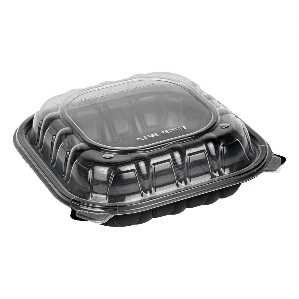Thermo Tek 40 oz Black Plastic Clamshell Container - Microwavable - 9" x 9" x 3" - 50 count box