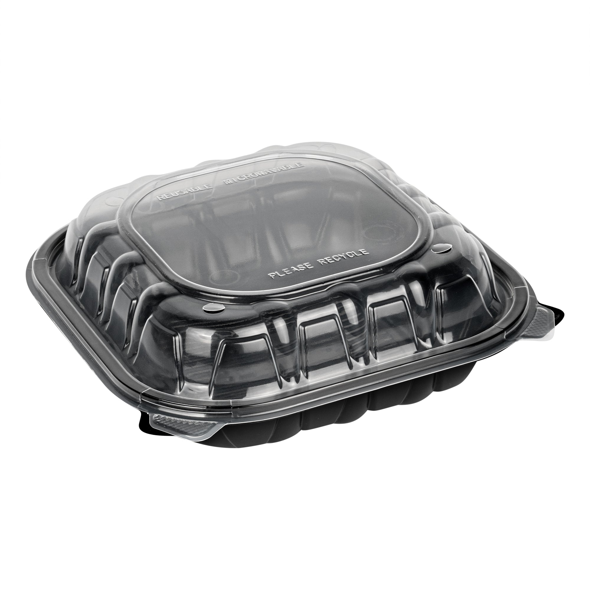 Thermo Tek 40 oz Black Plastic Clamshell Container - Microwavable - 9" x 9" x 3" - 50 count box