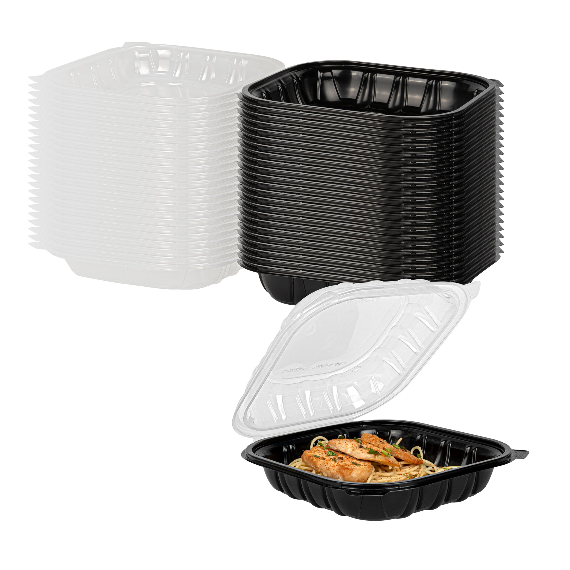 Thermo Tek 40 oz Black Plastic Clamshell Container - Microwavable - 9" x 9" x 3" - 50 count box