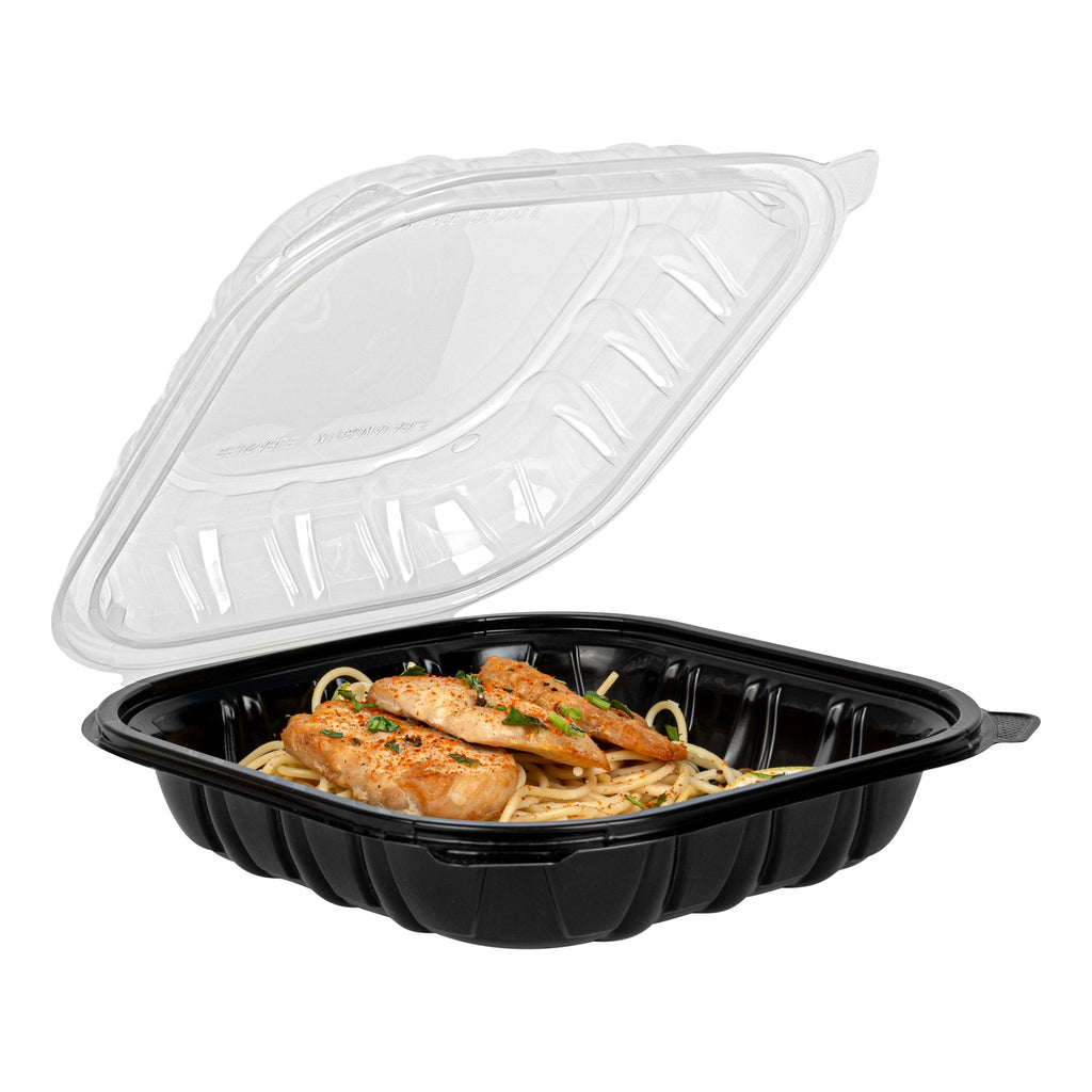 Thermo Tek 40 oz Black Plastic Clamshell Container - Microwavable - 9" x 9" x 3" - 50 count box