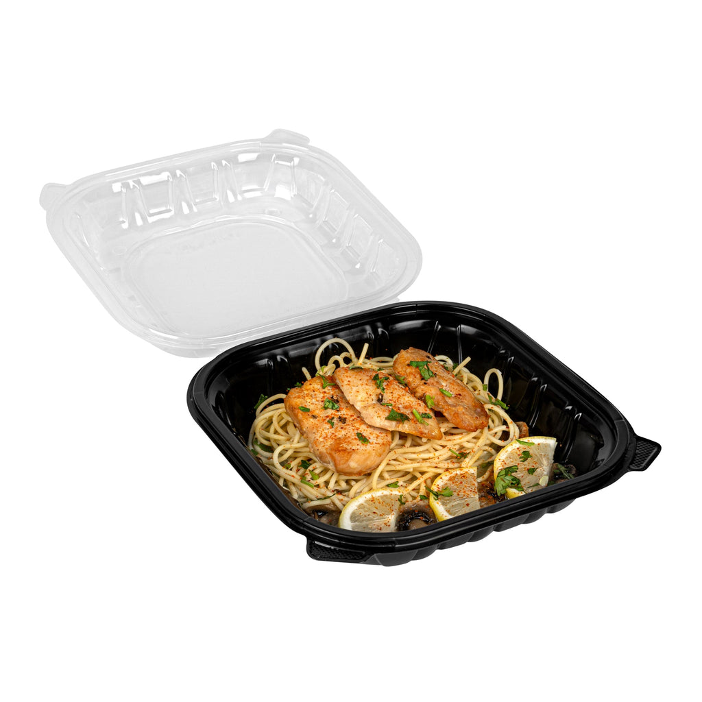 Thermo Tek 40 oz Black Plastic Clamshell Container - Microwavable - 9" x 9" x 3" - 50 count box