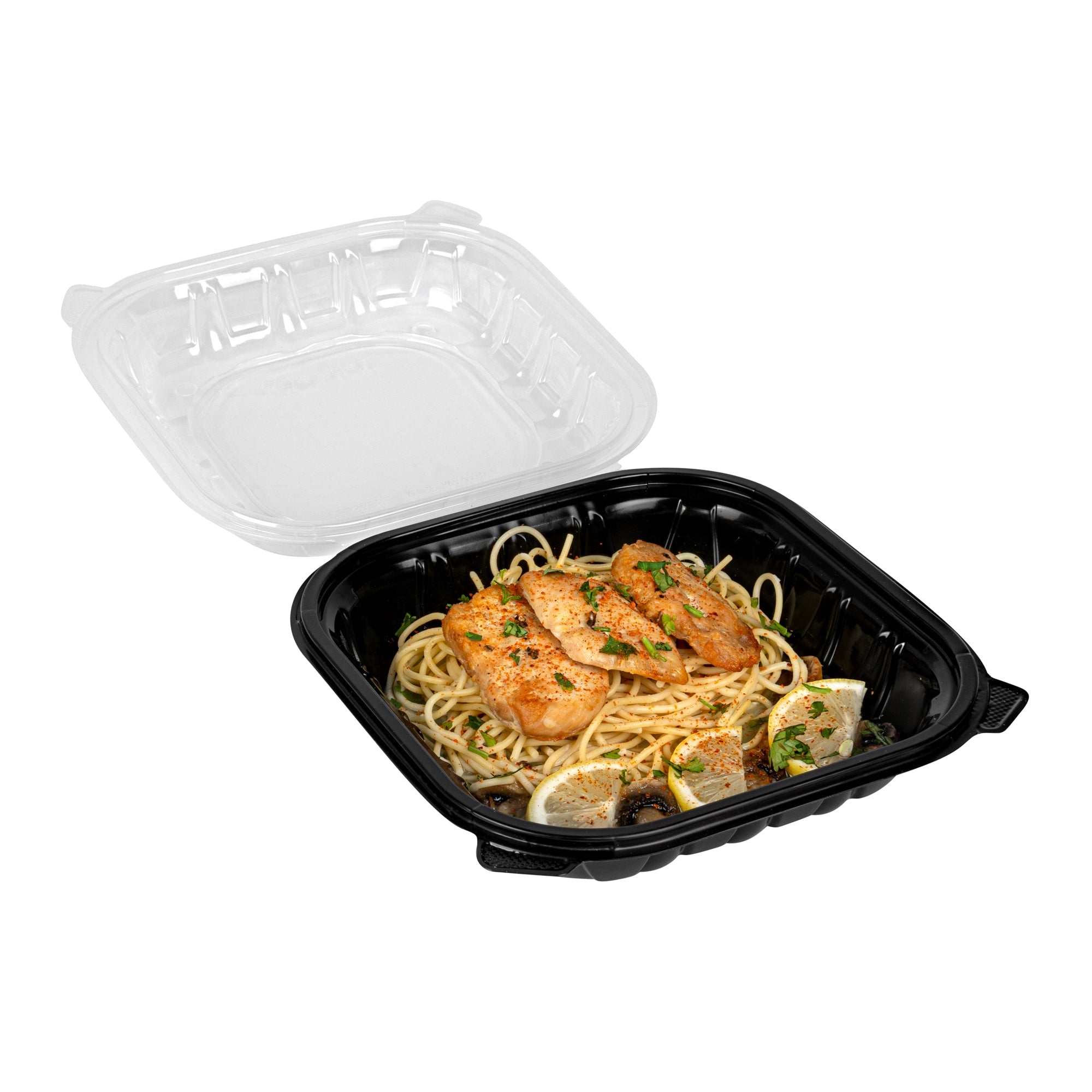 Thermo Tek 40 oz Black Plastic Clamshell Container - Microwavable - 9" x 9" x 3" - 50 count box