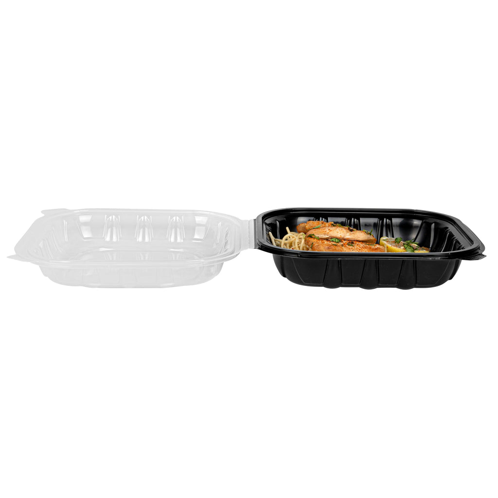 Thermo Tek 40 oz Black Plastic Clamshell Container - Microwavable - 9" x 9" x 3" - 50 count box