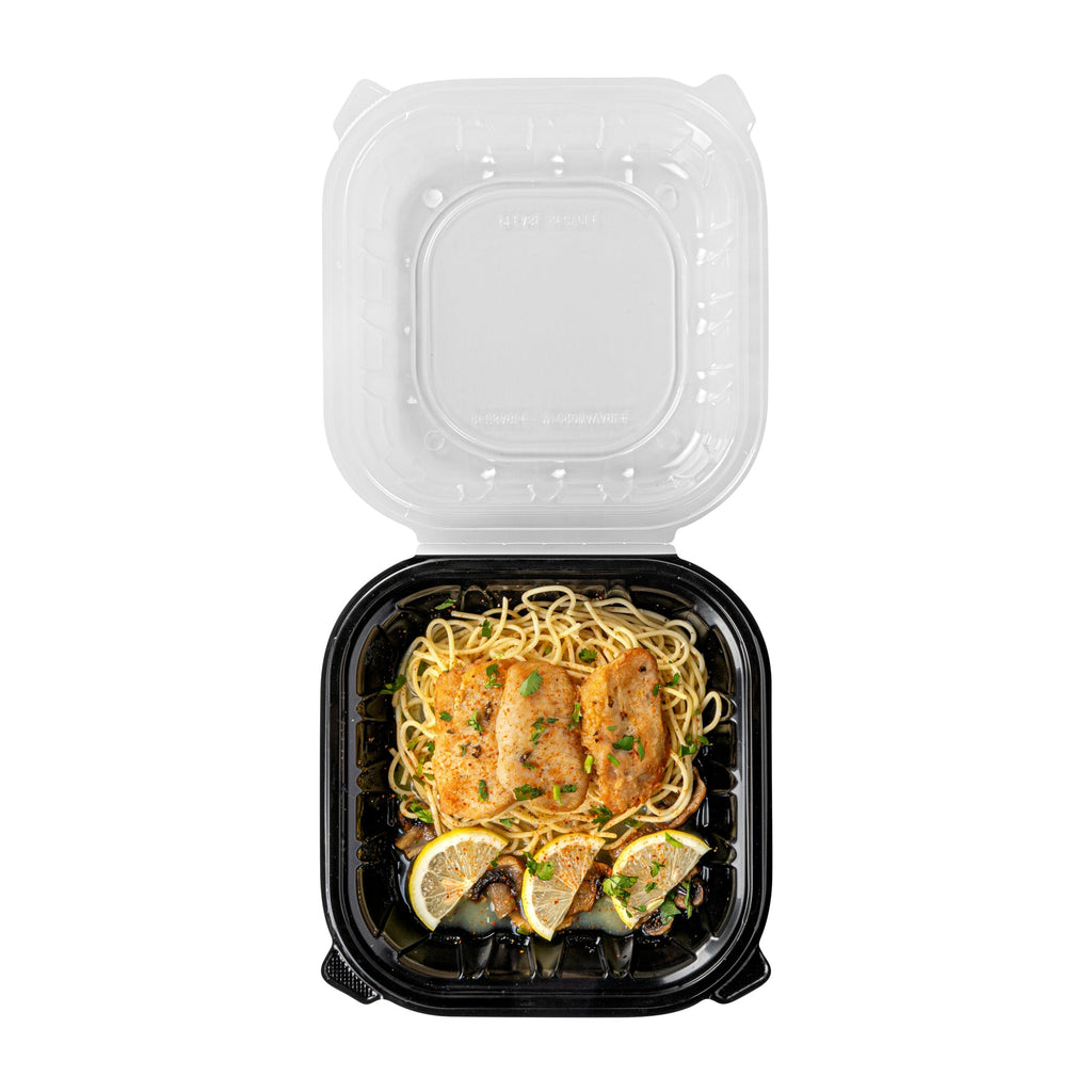 Thermo Tek 40 oz Black Plastic Clamshell Container - Microwavable - 9" x 9" x 3" - 50 count box