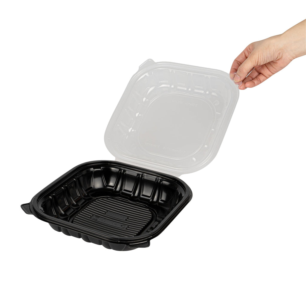 Thermo Tek 40 oz Black Plastic Clamshell Container - Microwavable - 9" x 9" x 3" - 50 count box