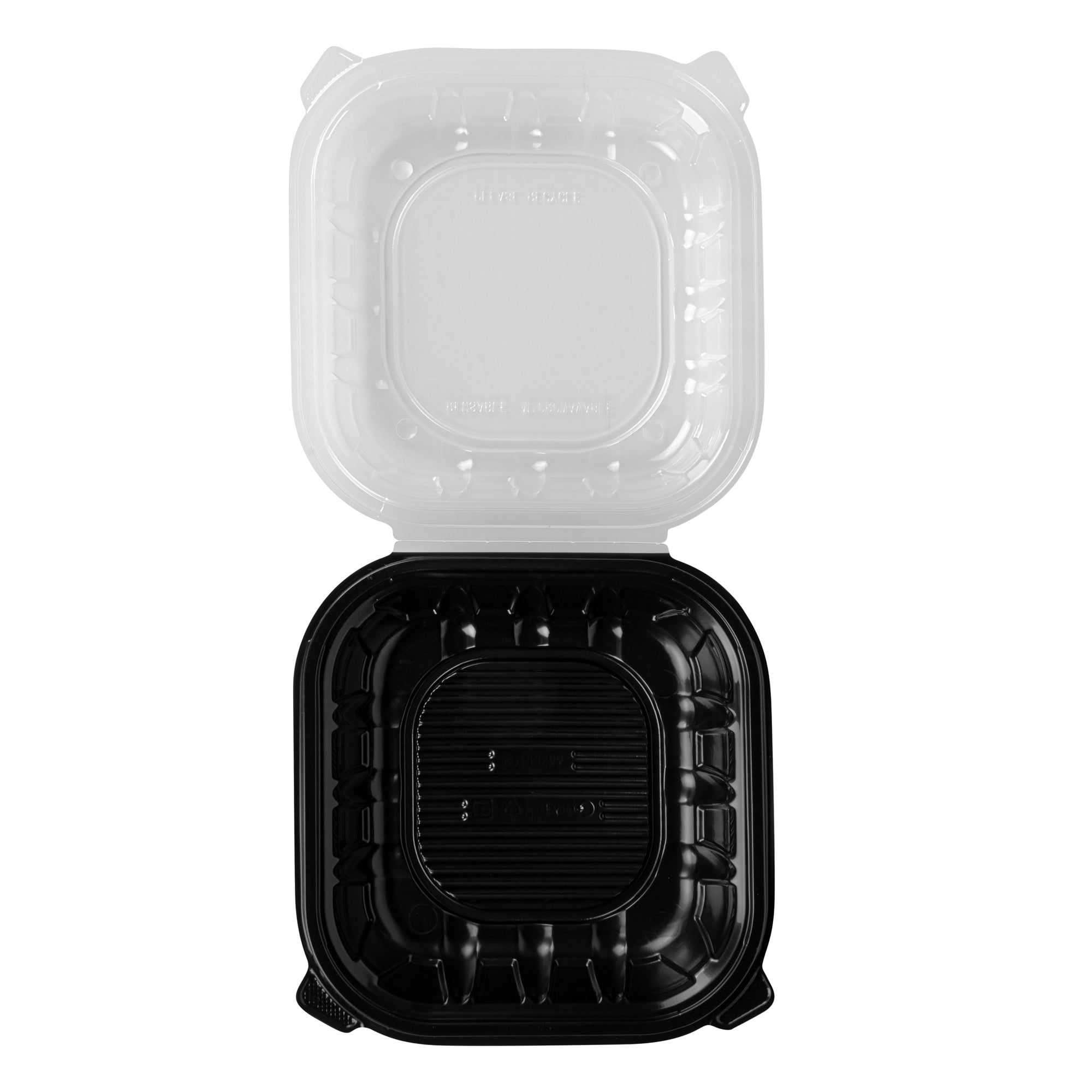 Thermo Tek 40 oz Black Plastic Clamshell Container - Microwavable - 9" x 9" x 3" - 50 count box