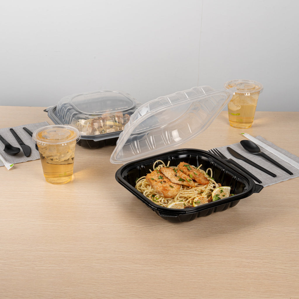 Thermo Tek 40 oz Black Plastic Clamshell Container - Microwavable - 9" x 9" x 3" - 50 count box