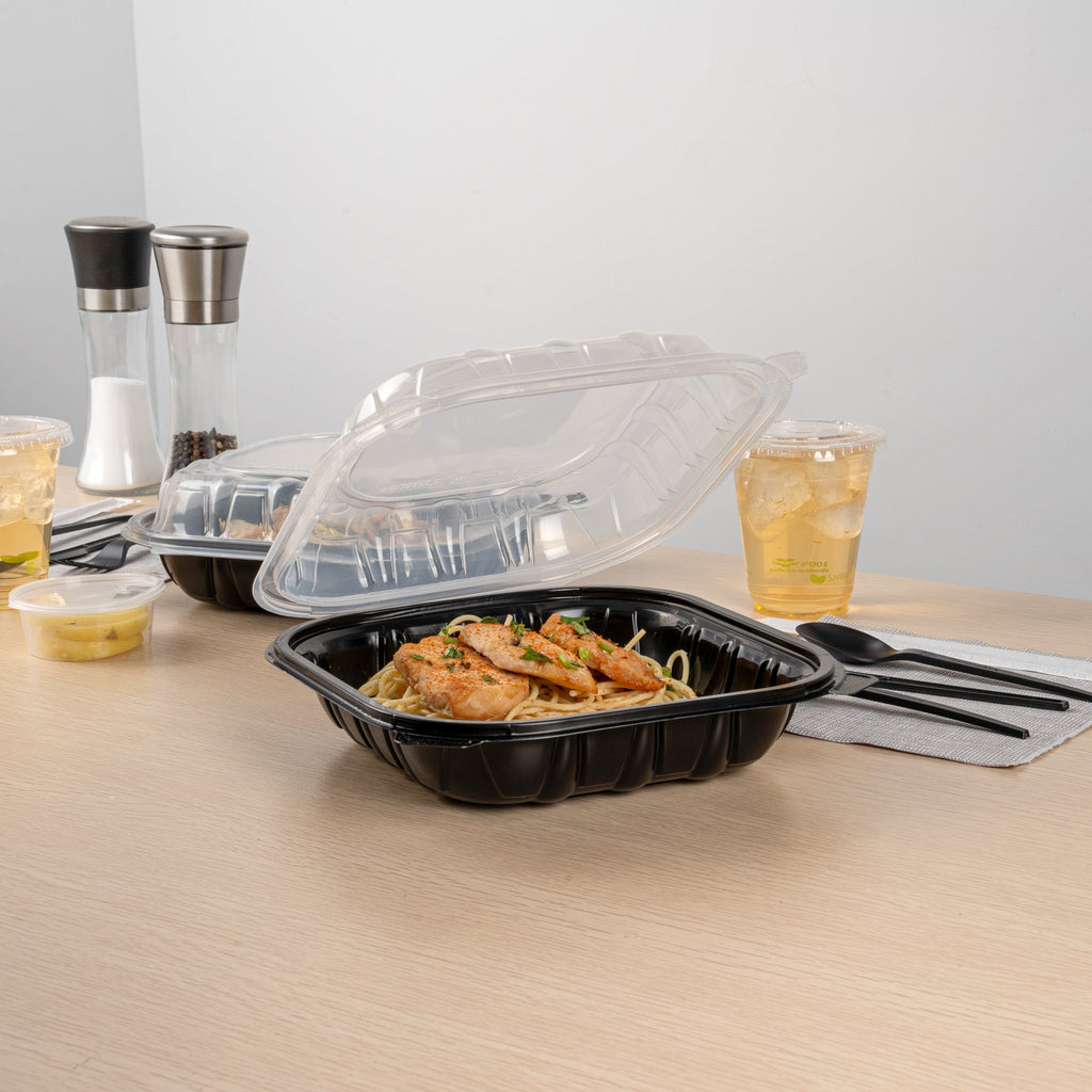 Thermo Tek 40 oz Black Plastic Clamshell Container - Microwavable - 9" x 9" x 3" - 50 count box