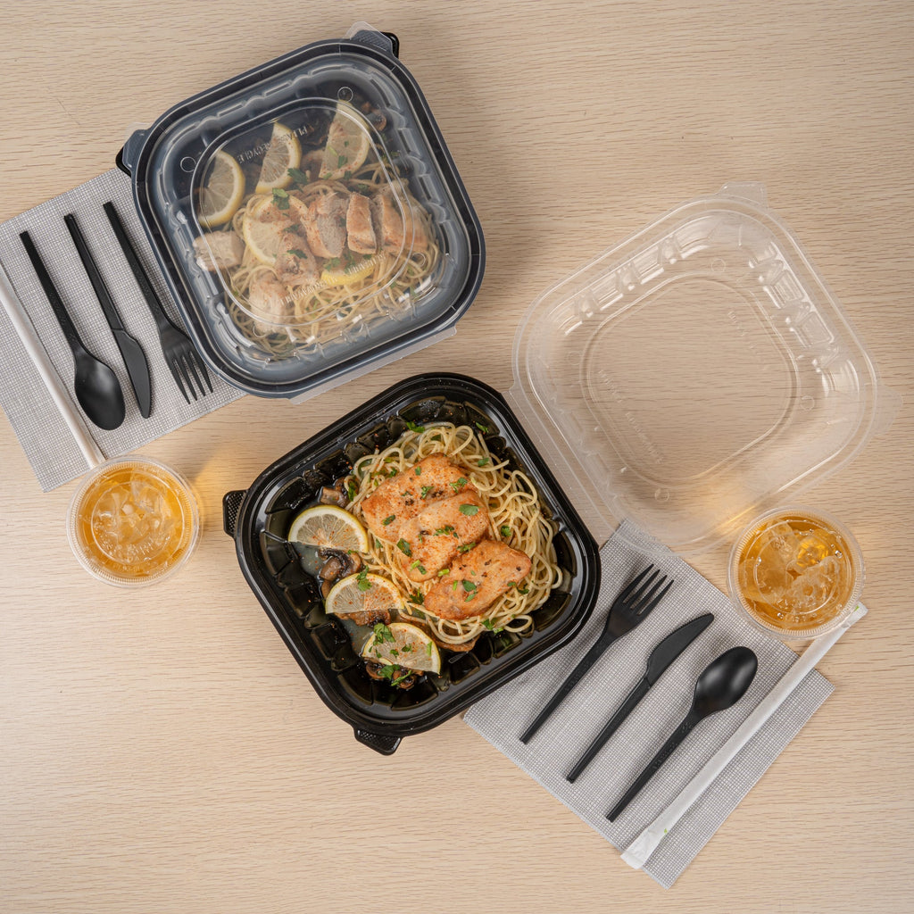 Thermo Tek 40 oz Black Plastic Clamshell Container - Microwavable - 9" x 9" x 3" - 50 count box