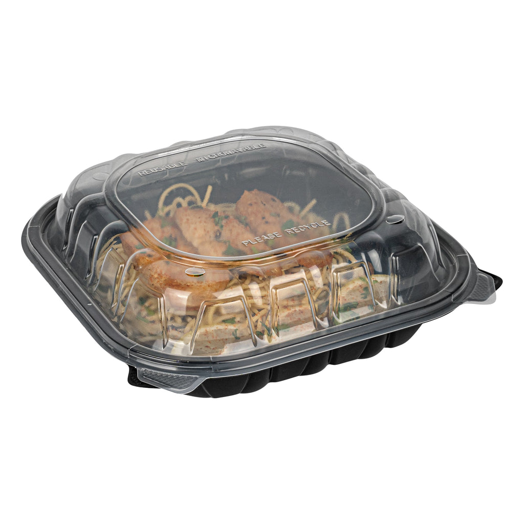 Thermo Tek 40 oz Black Plastic Clamshell Container - Microwavable - 9" x 9" x 3" - 100 count box