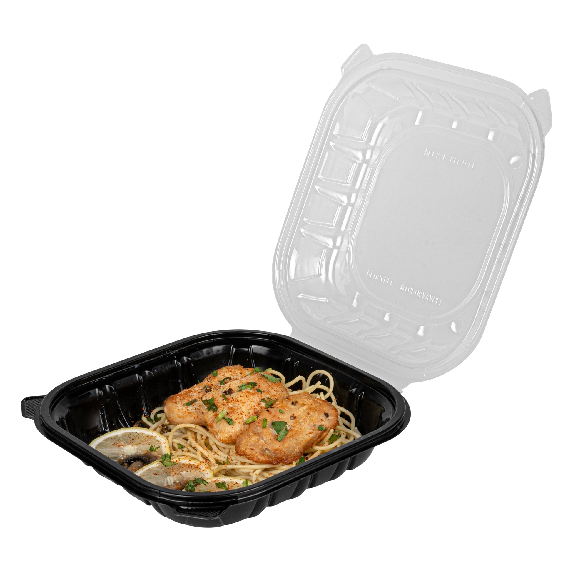 Thermo Tek 40 oz Black Plastic Clamshell Container - Microwavable - 9" x 9" x 3" - 100 count box