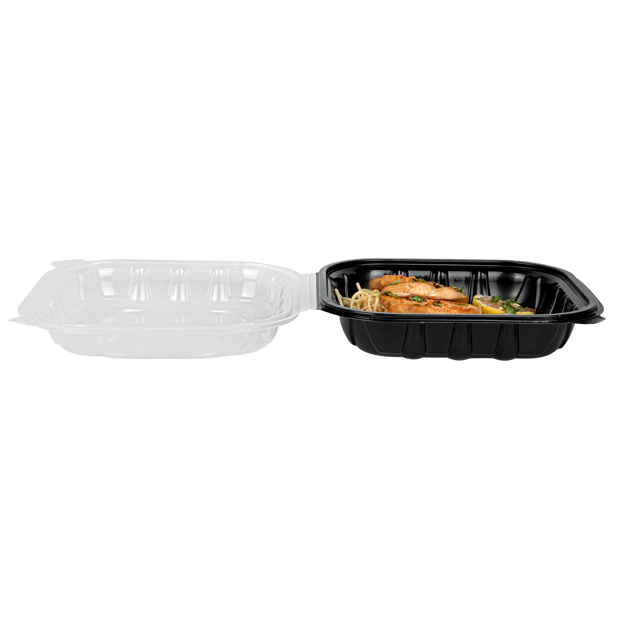 Thermo Tek 40 oz Black Plastic Clamshell Container - Microwavable - 9" x 9" x 3" - 100 count box