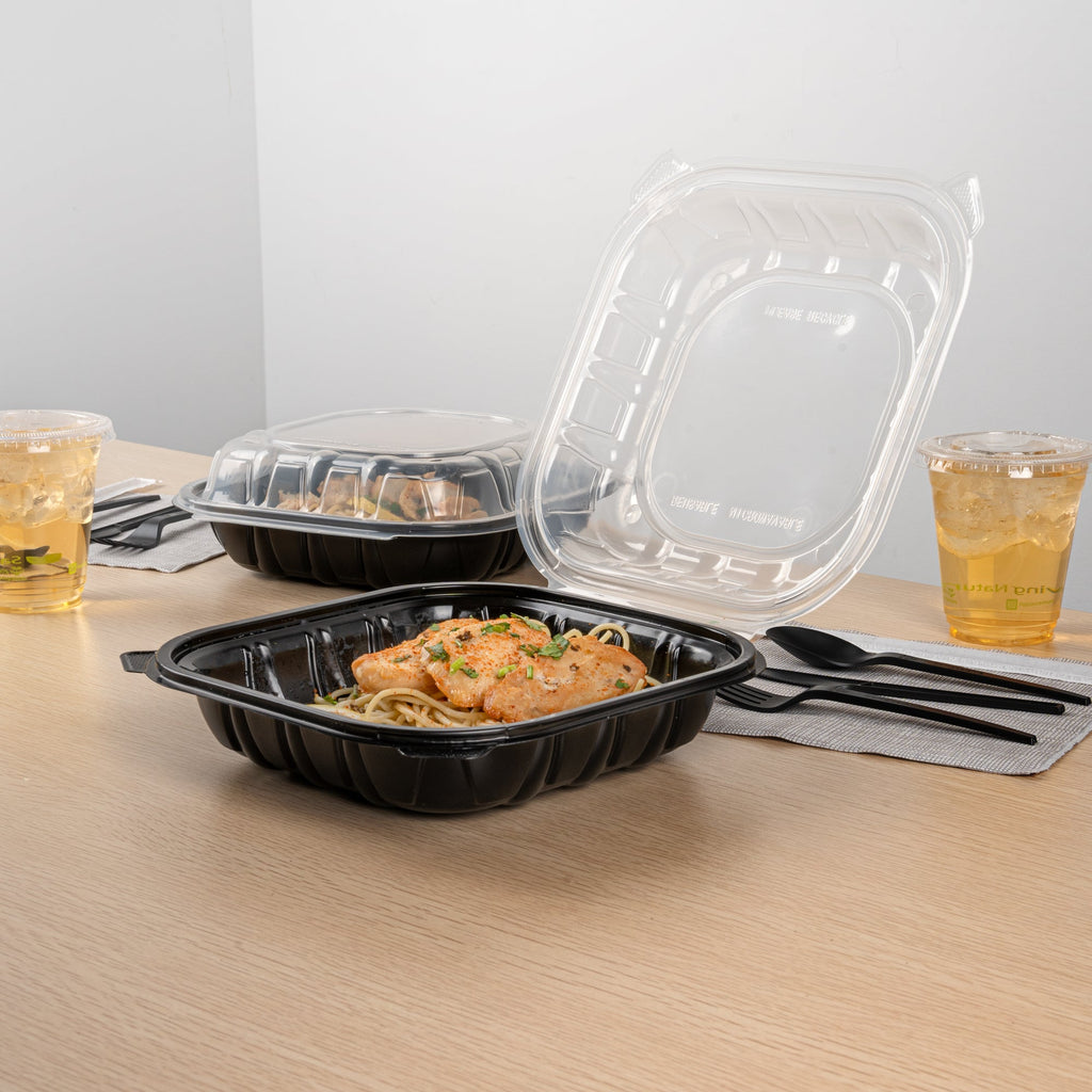 Thermo Tek 40 oz Black Plastic Clamshell Container - Microwavable - 9" x 9" x 3" - 100 count box