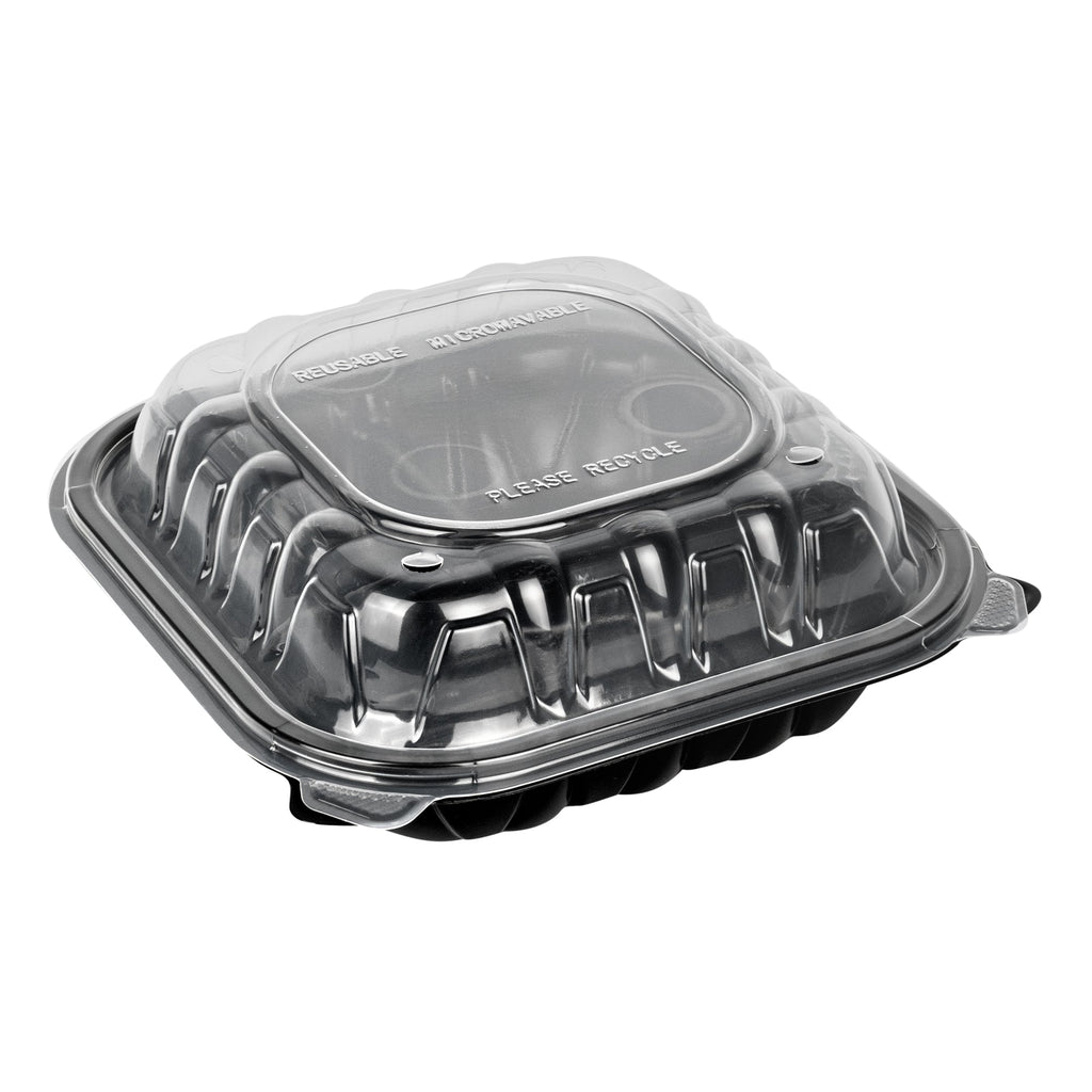 Thermo Tek 34 oz Black Plastic Clamshell Container - 3 Compartments, Microwavable - 8" x 8" x 3" - 50 count box