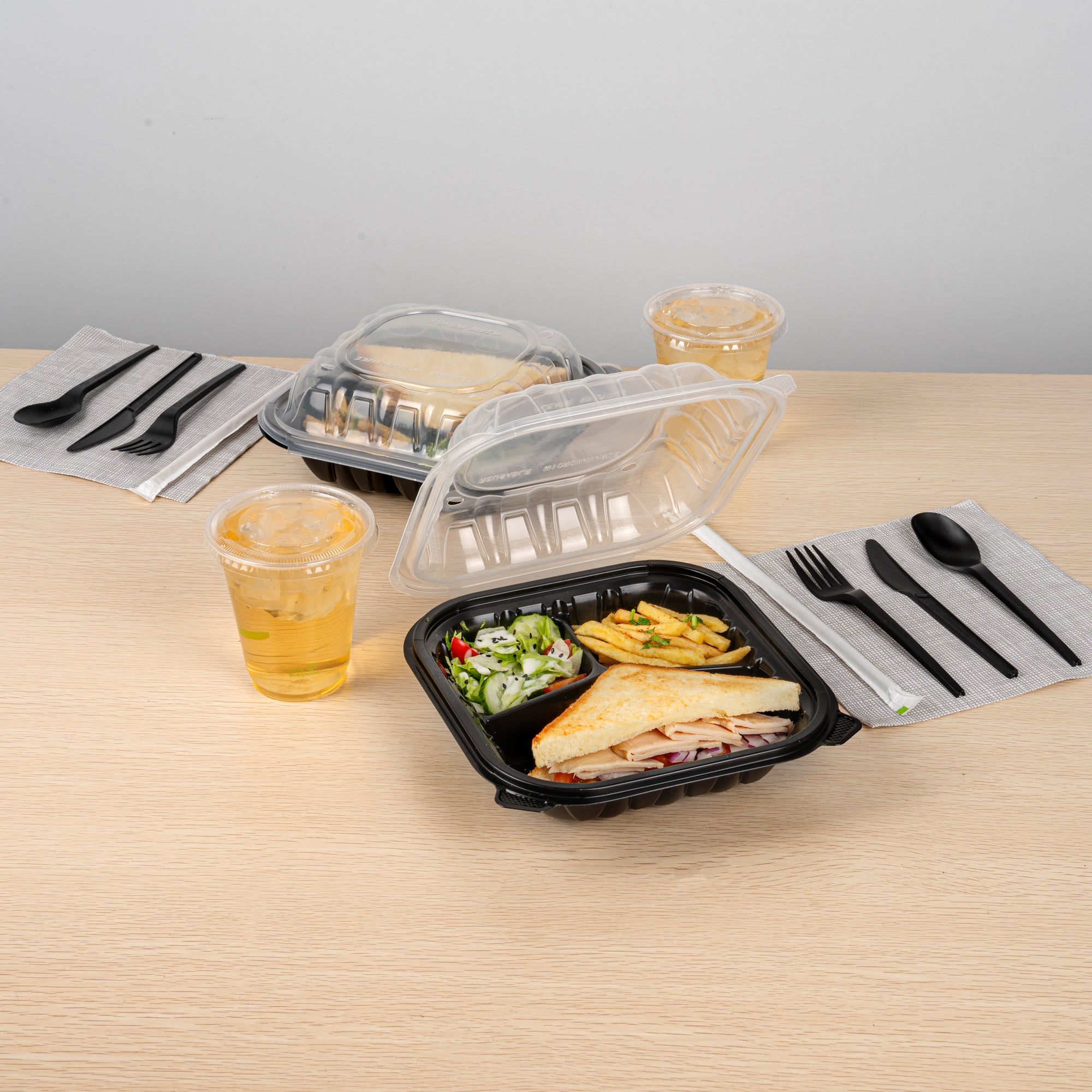 Thermo Tek 34 oz Black Plastic Clamshell Container - 3 Compartments, Microwavable - 8" x 8" x 3" - 50 count box