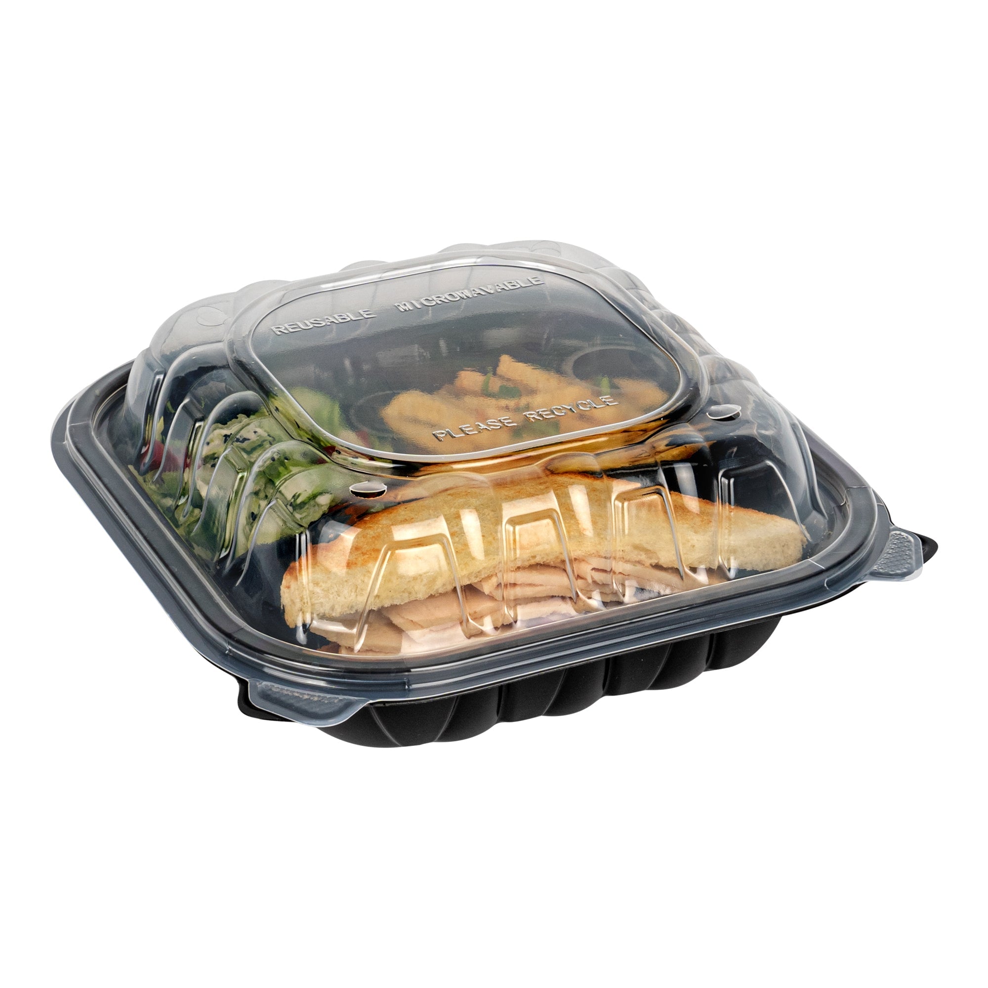 Thermo Tek 34 oz Black Plastic Clamshell Container - 3 Compartments, Microwavable - 8" x 8" x 3" - 50 count box