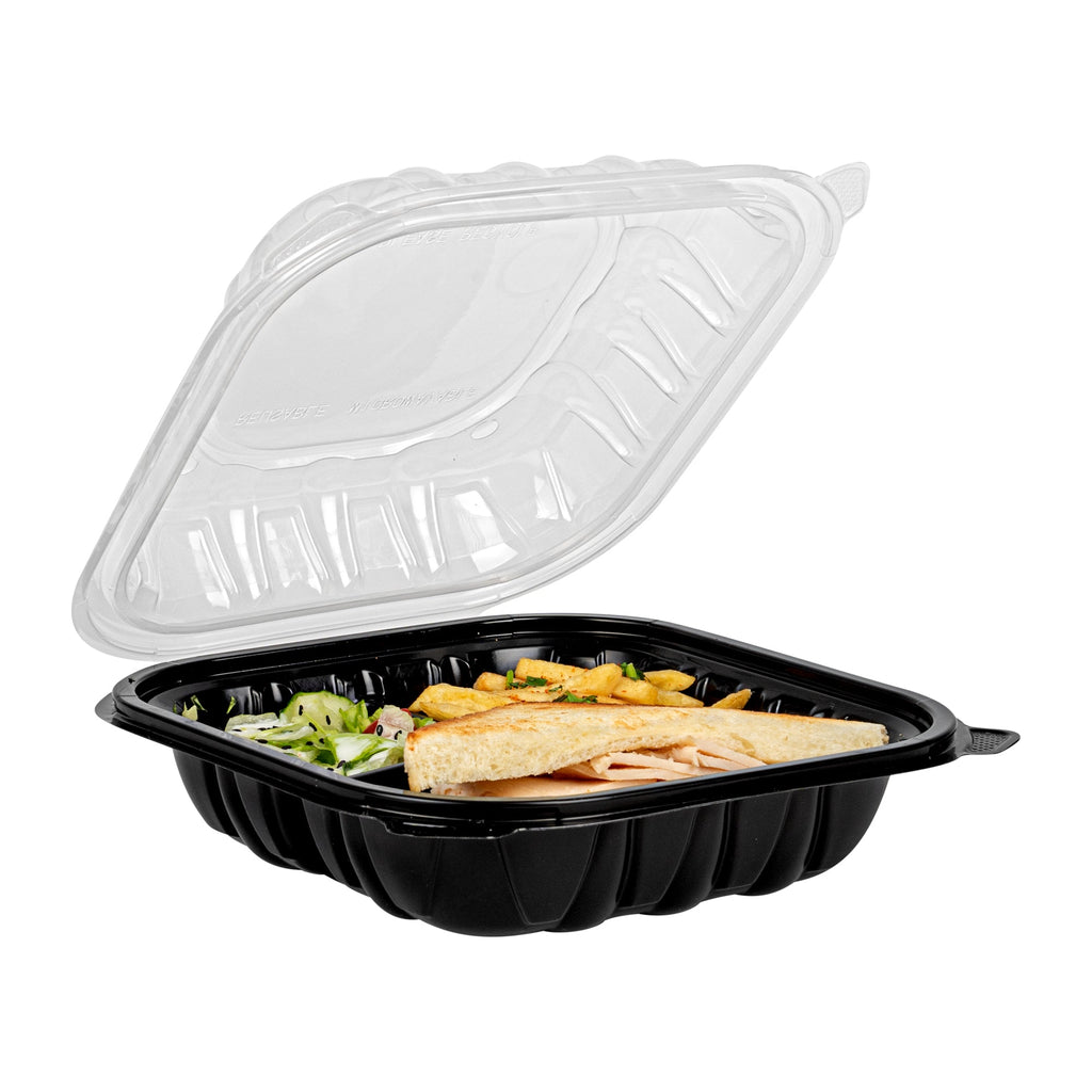 Thermo Tek 34 oz Black Plastic Clamshell Container - 3 Compartments, Microwavable - 8" x 8" x 3" - 50 count box