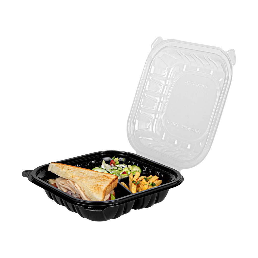 Thermo Tek 34 oz Black Plastic Clamshell Container - 3 Compartments, Microwavable - 8" x 8" x 3" - 50 count box
