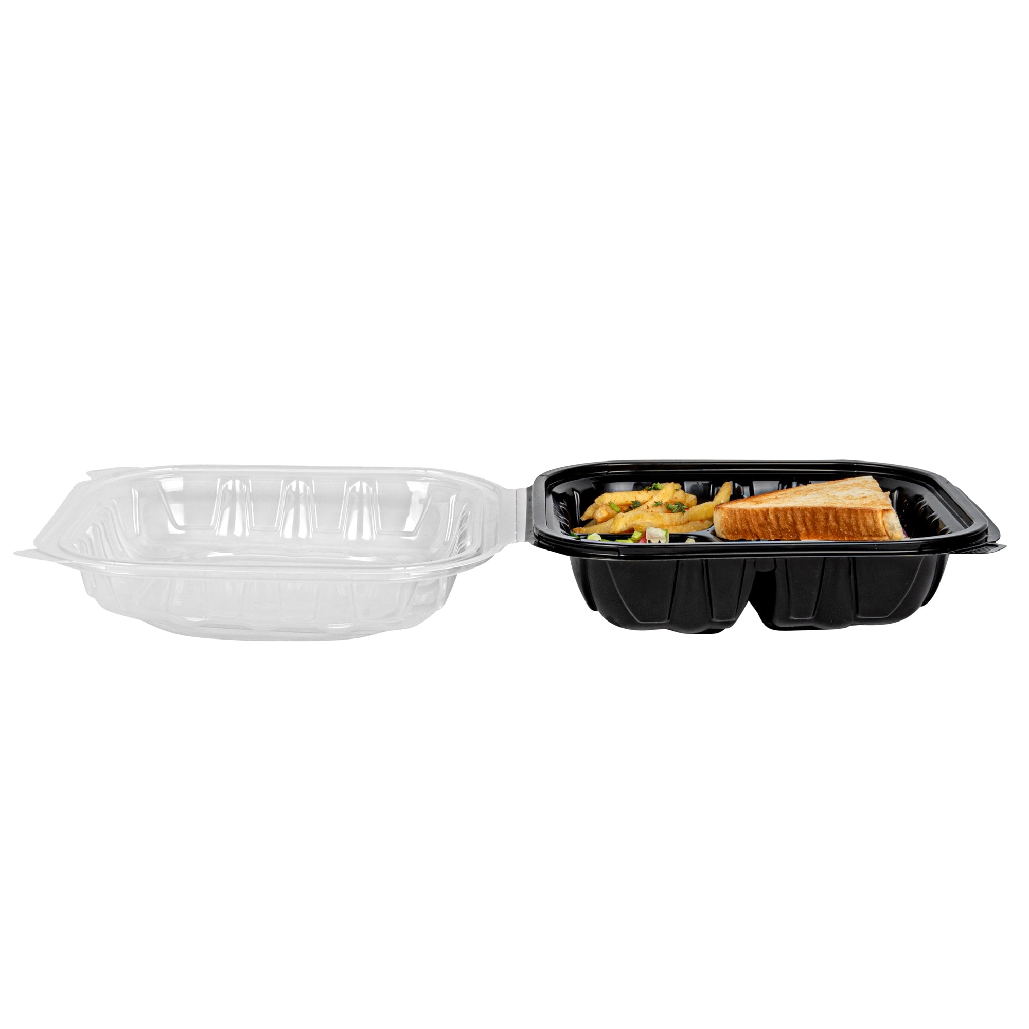 Thermo Tek 34 oz Black Plastic Clamshell Container - 3 Compartments, Microwavable - 8" x 8" x 3" - 50 count box