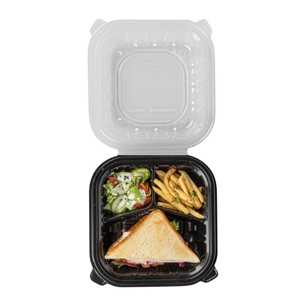 Thermo Tek 34 oz Black Plastic Clamshell Container - 3 Compartments, Microwavable - 8" x 8" x 3" - 50 count box