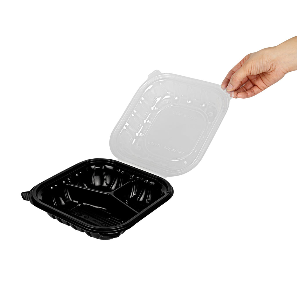 Thermo Tek 34 oz Black Plastic Clamshell Container - 3 Compartments, Microwavable - 8" x 8" x 3" - 50 count box