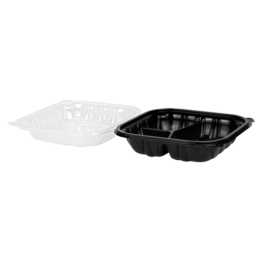 Thermo Tek 34 oz Black Plastic Clamshell Container - 3 Compartments, Microwavable - 8" x 8" x 3" - 50 count box