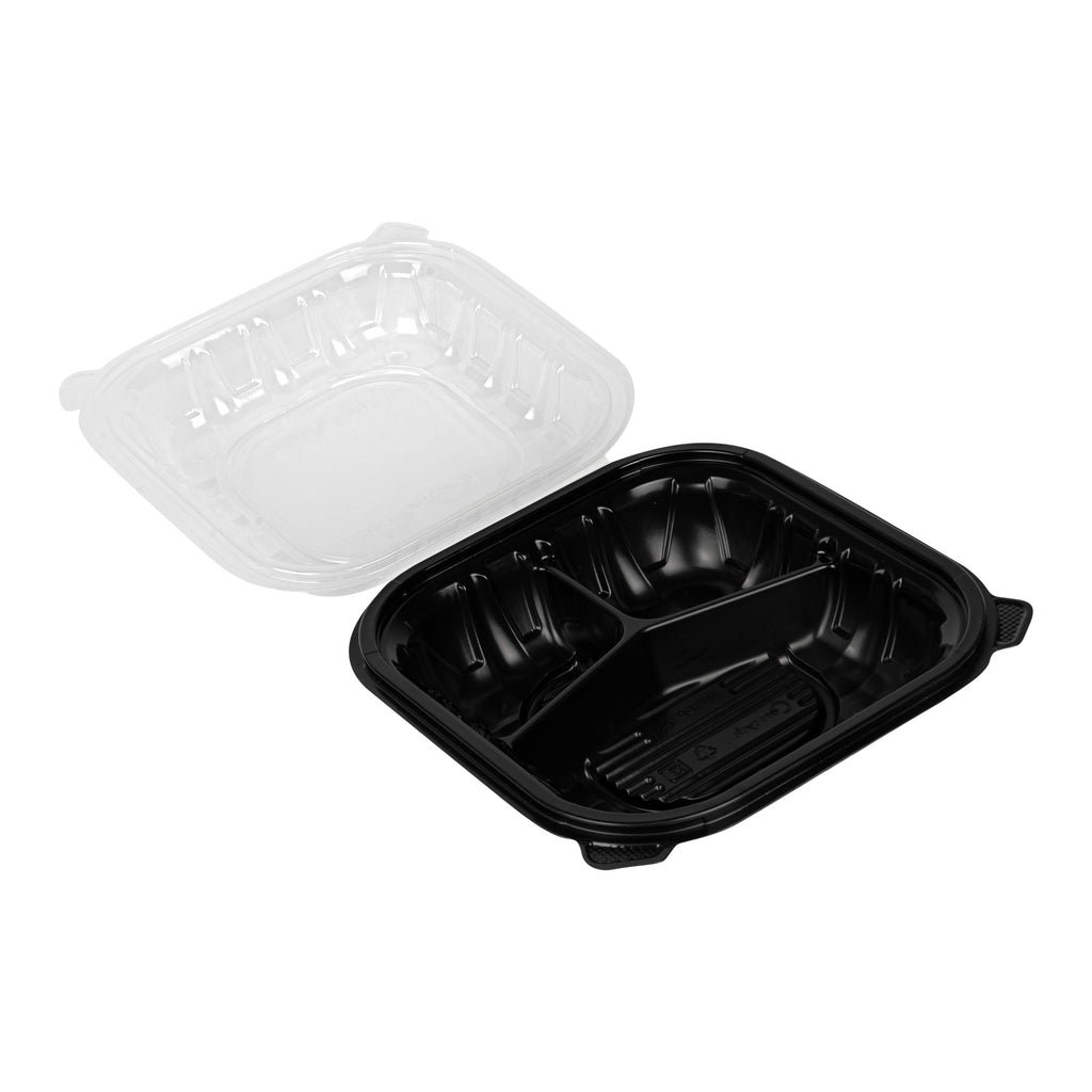 Thermo Tek 34 oz Black Plastic Clamshell Container - 3 Compartments, Microwavable - 8" x 8" x 3" - 50 count box