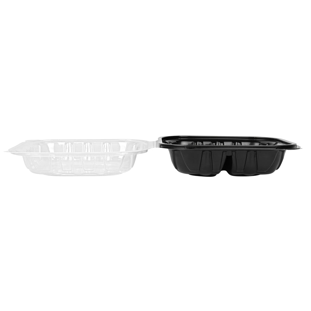 Thermo Tek 34 oz Black Plastic Clamshell Container - 3 Compartments, Microwavable - 8" x 8" x 3" - 50 count box