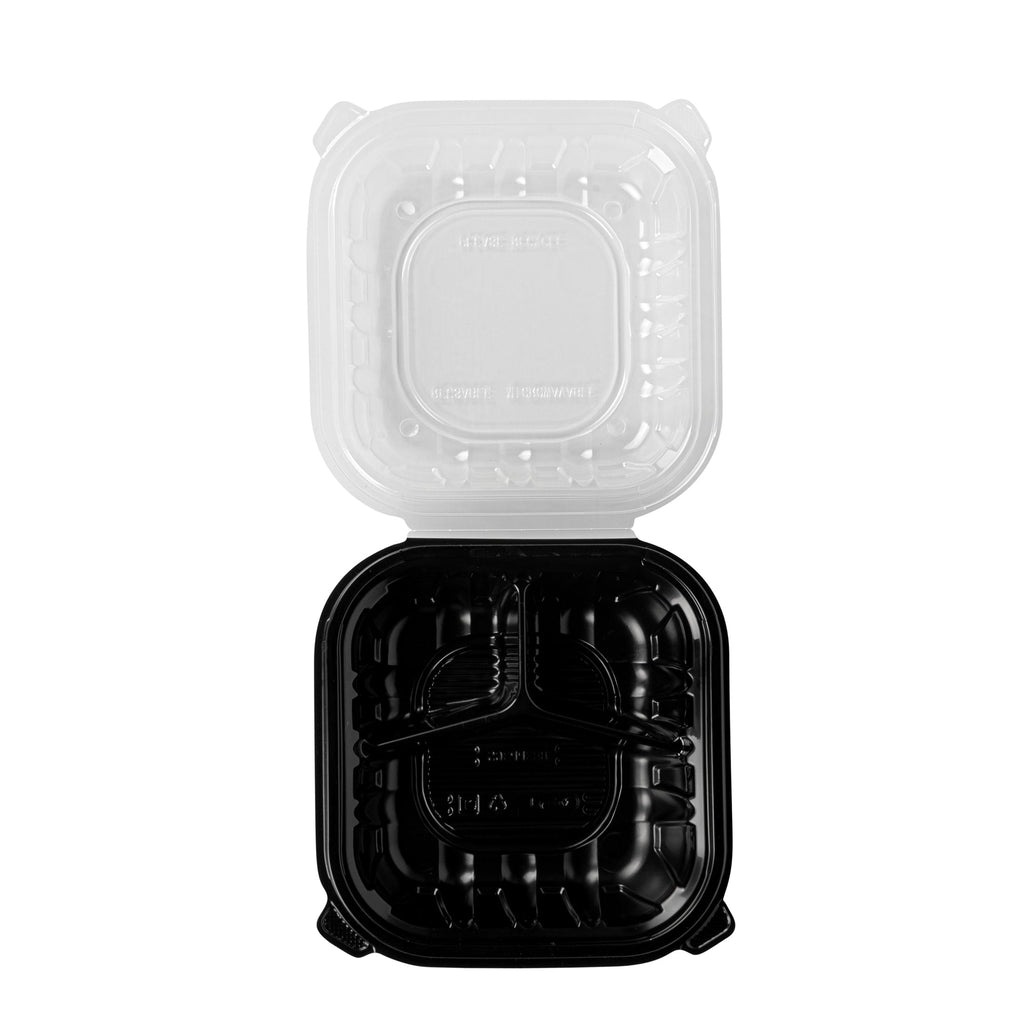 Thermo Tek 34 oz Black Plastic Clamshell Container - 3 Compartments, Microwavable - 8" x 8" x 3" - 50 count box