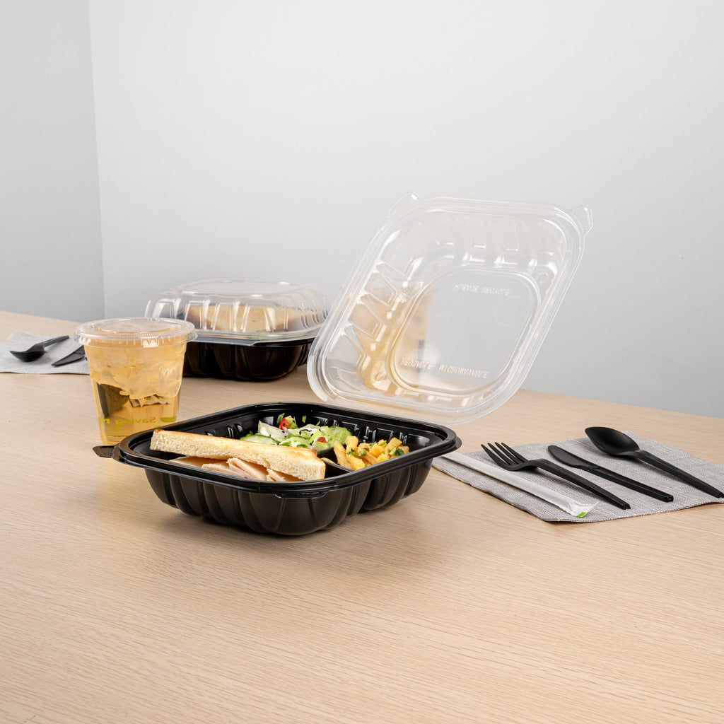 Thermo Tek 34 oz Black Plastic Clamshell Container - 3 Compartments, Microwavable - 8" x 8" x 3" - 50 count box