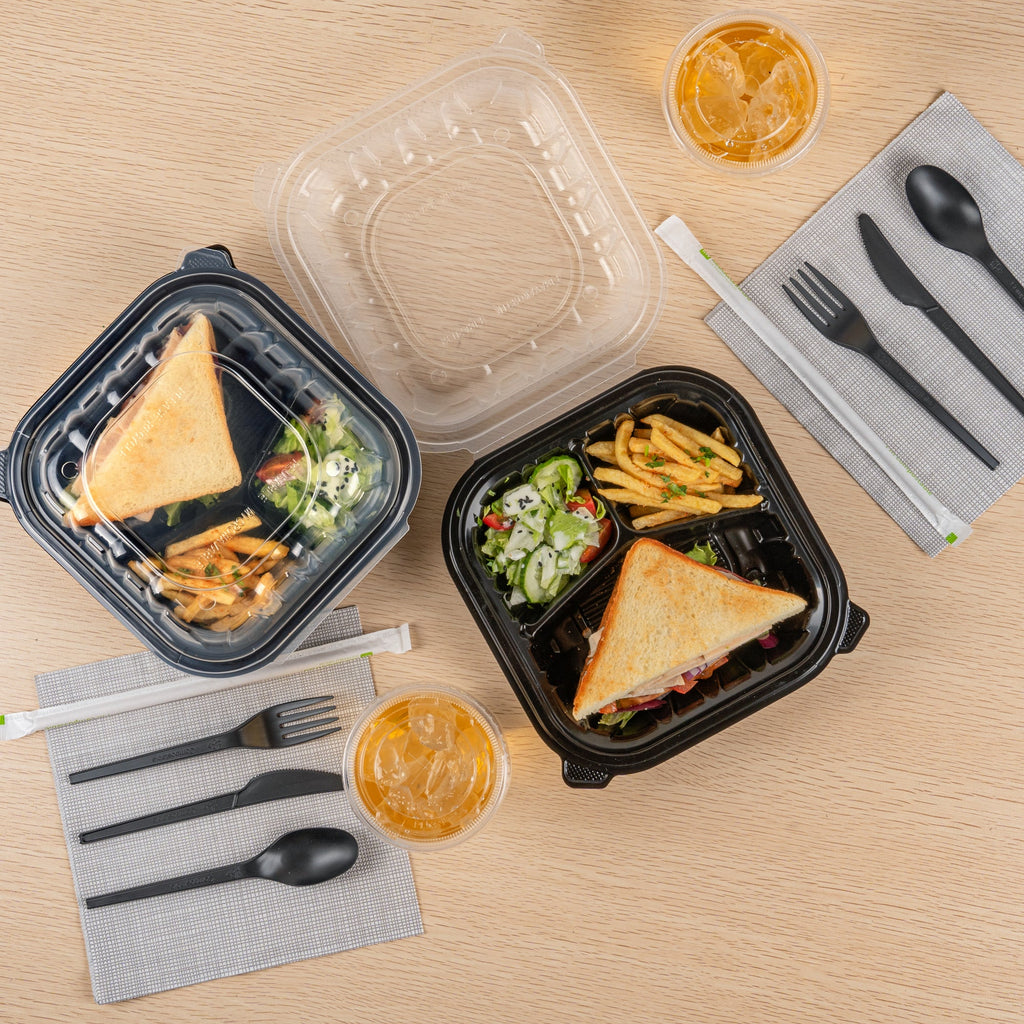 Thermo Tek 34 oz Black Plastic Clamshell Container - 3 Compartments, Microwavable - 8" x 8" x 3" - 50 count box